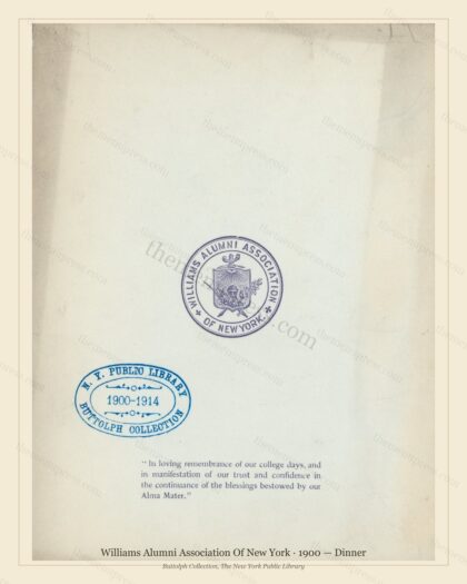 Vintage menu preview — 1900 Vintage Dinner Menu — Williams Alumni Association of New York, Manhattan Gi
