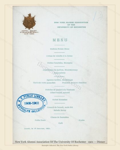 Vintage menu preview — 1901 Vintage Dinner Menu — New York Alumni Association of the Unive, Manhattan G