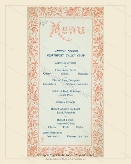 Vintage menu preview — 1901 Vintage Dinner Menu — Northport Yacht Club, Manhattan Gilded Age Banquet (C