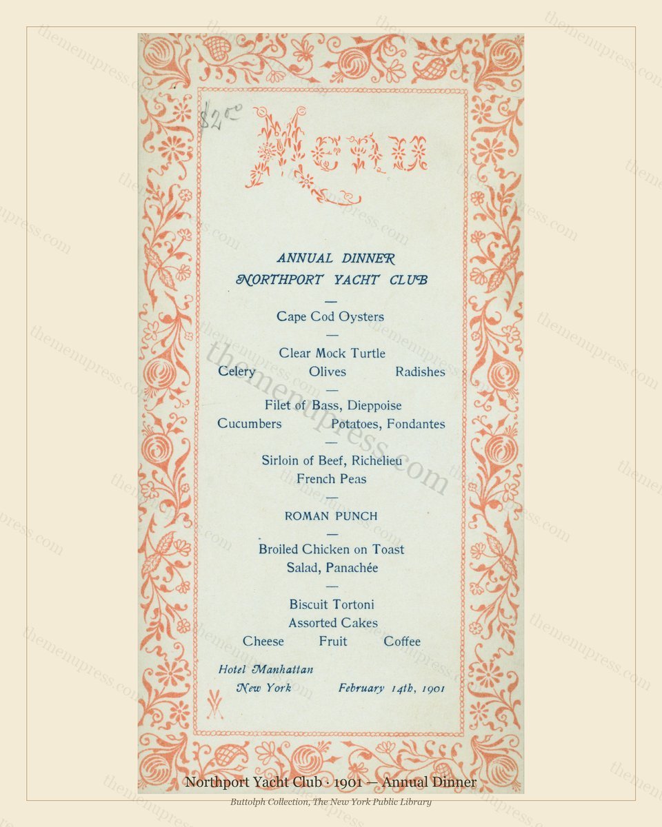 Vintage menu preview — 1901 Vintage Dinner Menu — Northport Yacht Club, Manhattan Gilded Age Banquet (C