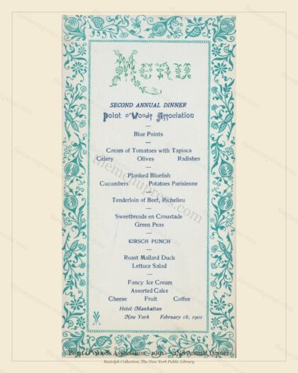 Vintage menu preview — 1901 Vintage Dinner Menu — Point O'Woods Association, Manhattan Gilded Age Banqu