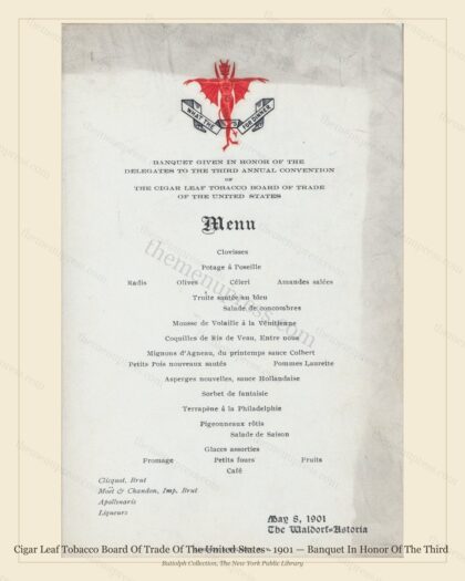 Vintage menu preview — 1901 Vintage Banquet Menu — Cigar Leaf Tobacco Board of Trade of the, Manhattan
