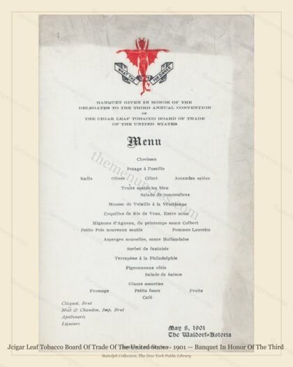 Vintage menu preview — 1901 Vintage Banquet Menu — Jcigar Leaf Tobacco Board of Trade of th, Manhattan
