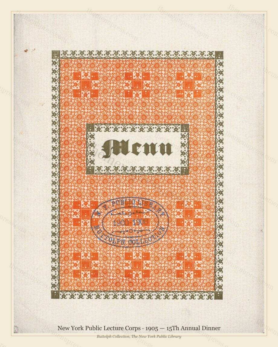 Vintage menu preview — 1905 Vintage Dinner Menu — New York Public Lecture Corps, Manhattan Gilded Age B