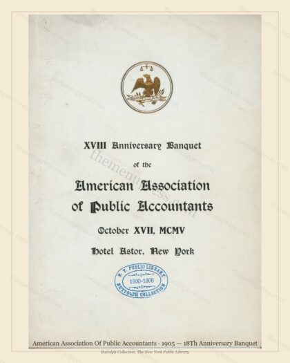 Vintage menu preview — 1905 Vintage Banquet Menu — American Association of Public Accountan, Manhattan