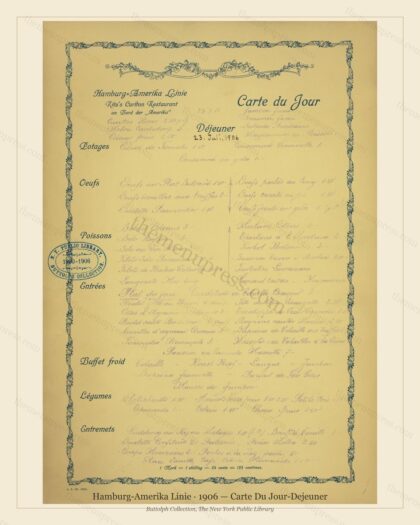 Vintage menu preview — 1906 Vintage Banquet Menu — Hamburg-Amerika Linie, Manhattan Gilded Age Banquet