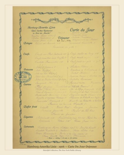 Hamburg-Amerika Linie · 1906 — Carte Du Jour-Dejeuner