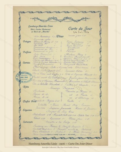 Vintage menu preview — 1906 Vintage Banquet Menu — Hamburg-Amerika Linie, Manhattan Gilded Age Banquet