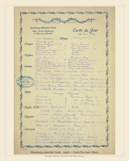 Hamburg-Amerika Linie · 1906 — Carte Du Jour-Diner