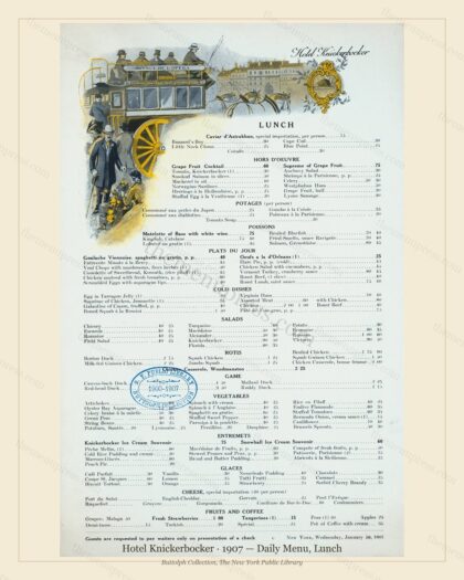 Vintage menu preview — 1907 Vintage Lunch Menu — Hotel Knickerbocker, Manhattan Gilded Age Banquet (Com