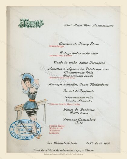 Vintage menu preview — 1907 Vintage Dinner Menu — Sheet Metal Ware Manufacturers, Manhattan Gilded Age