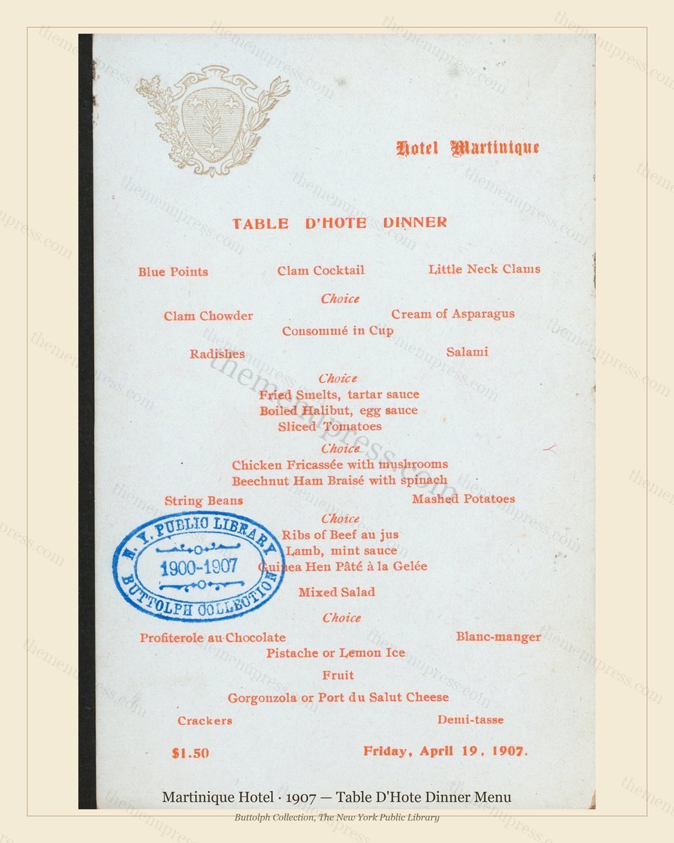 Vintage menu preview — 1907 Vintage Dinner Menu — Martinique Hotel, Manhattan Gilded Age Banquet (Compl