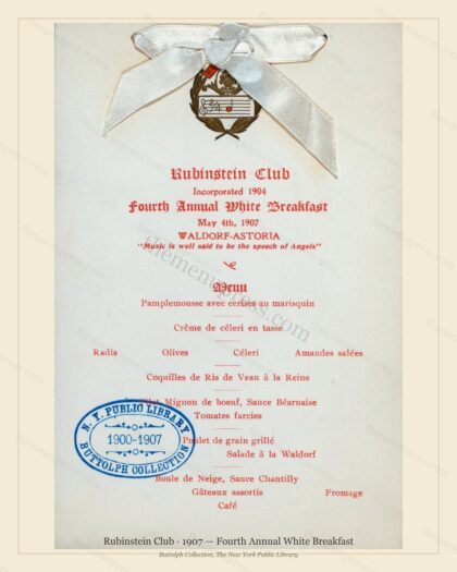 Vintage menu preview — 1907 Vintage Breakfast Menu — Rubinstein Club, Manhattan Gilded Age Banquet (Com