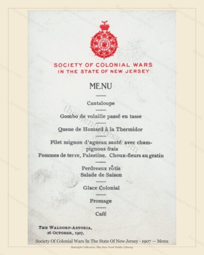 Vintage menu preview — 1907 Vintage Banquet Menu — Society of Colonial Wars in the State of, Manhattan