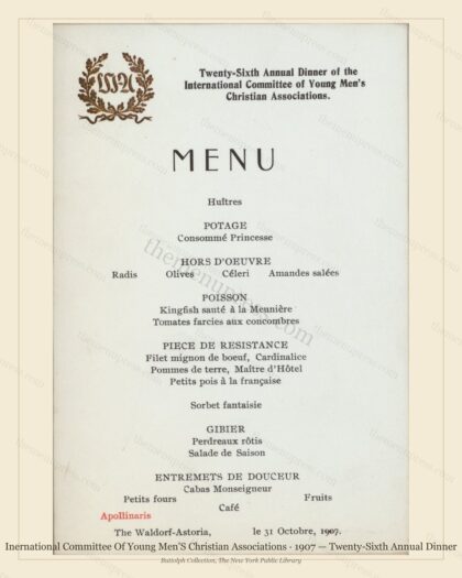Vintage menu preview — 1907 Vintage Dinner Menu — Inernational Committee of Young Men'S Ch, Manhattan G