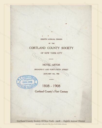 Vintage menu preview — 1908 Vintage Dinner Menu — Cortland County Society of New York, Manhattan Gilded