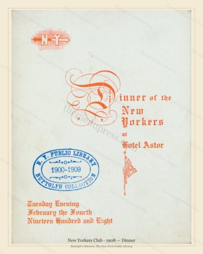 Vintage menu preview — 1908 Vintage Dinner Menu — New Yorkers Club, Manhattan Gilded Age Banquet (Compl
