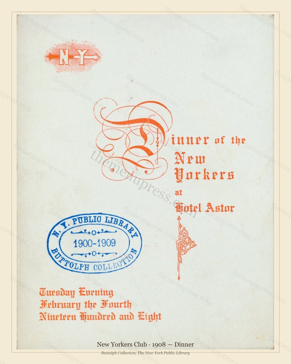 Vintage menu preview — 1908 Vintage Dinner Menu — New Yorkers Club, Manhattan Gilded Age Banquet (Compl