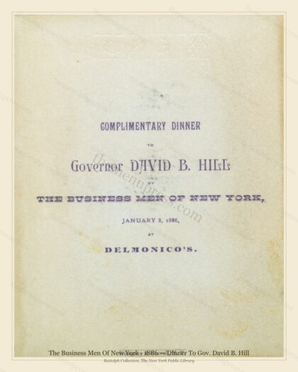 Vintage menu preview — 1886 Vintage Dinner Menu — The Business Men of New York, Manhattan Gilded Age Ba
