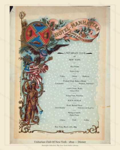 Vintage menu preview — 1899 Vintage Dinner Menu — Unitarian Club of New York, Manhattan Gilded Age Banq