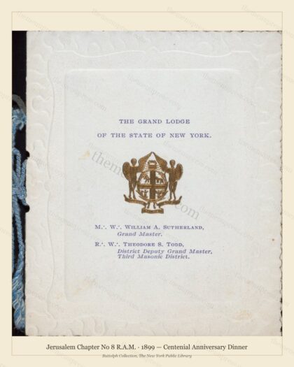 Vintage menu preview — 1899 Vintage Dinner Menu — Jerusalem Chapter No 8 R.A.M, Manhattan Gilded Age Ba