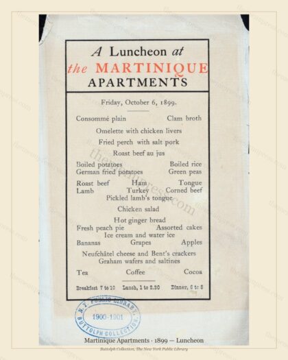 Vintage menu preview — 1899 Vintage Lunch Menu — Martinique Apartments, Manhattan Gilded Age Banquet (C