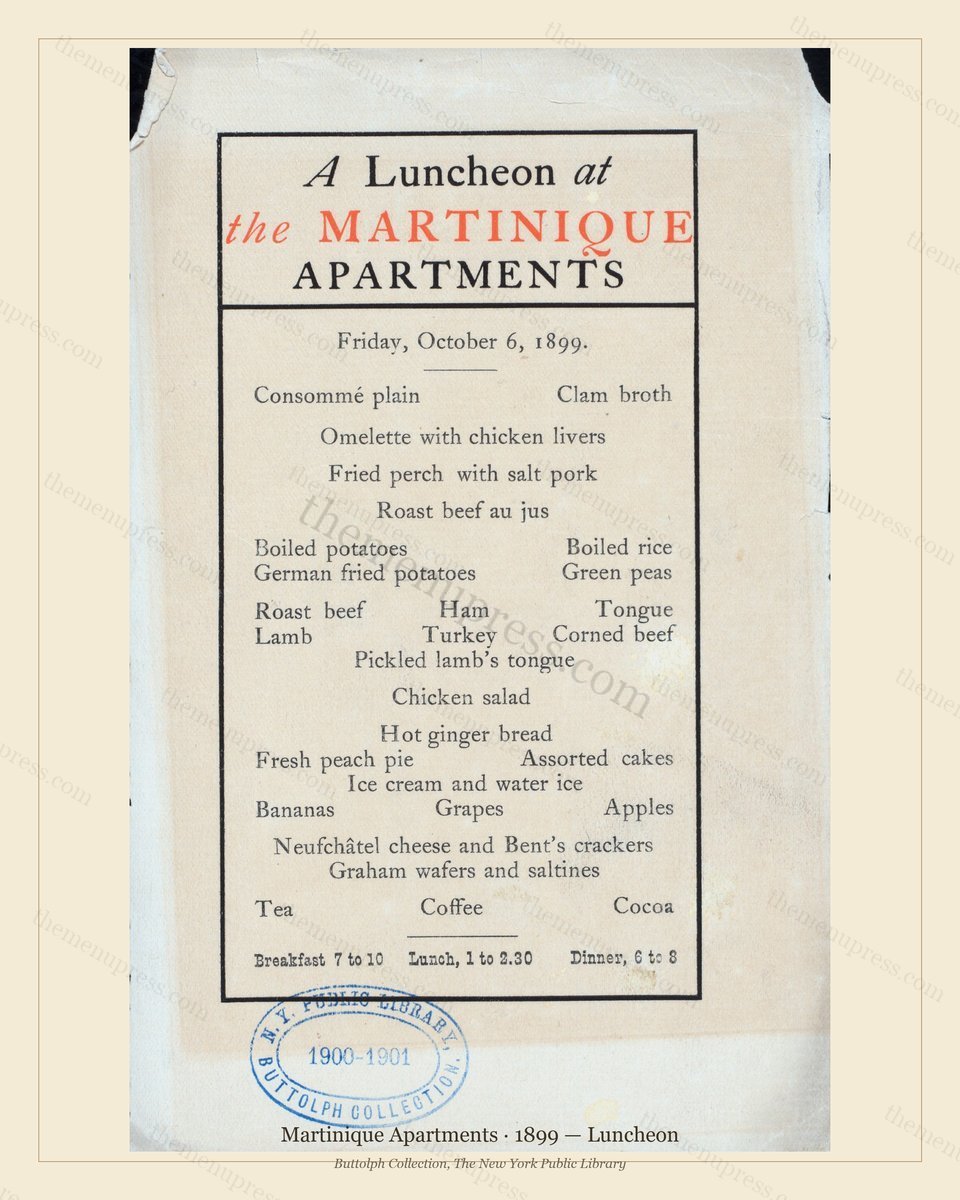 Vintage menu preview — 1899 Vintage Lunch Menu — Martinique Apartments, Manhattan Gilded Age Banquet (C