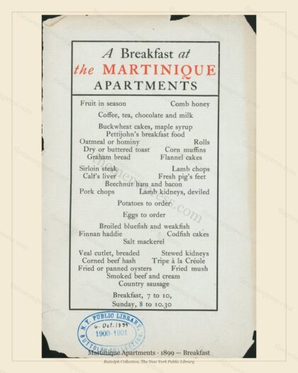 Vintage menu preview — 1899 Vintage Breakfast Menu — Martinique Apartments, Manhattan Gilded Age Banque