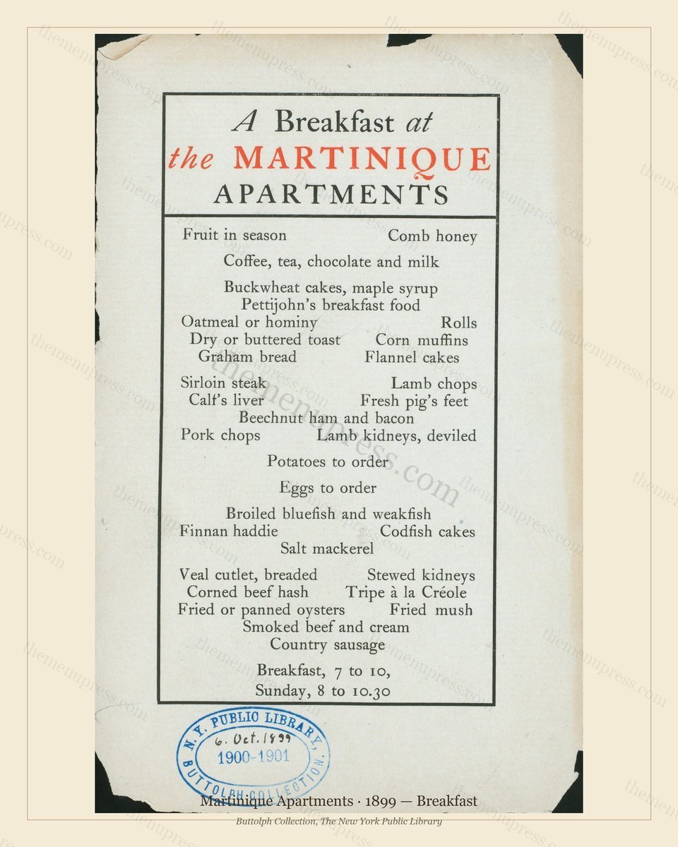 Vintage menu preview — 1899 Vintage Breakfast Menu — Martinique Apartments, Manhattan Gilded Age Banque