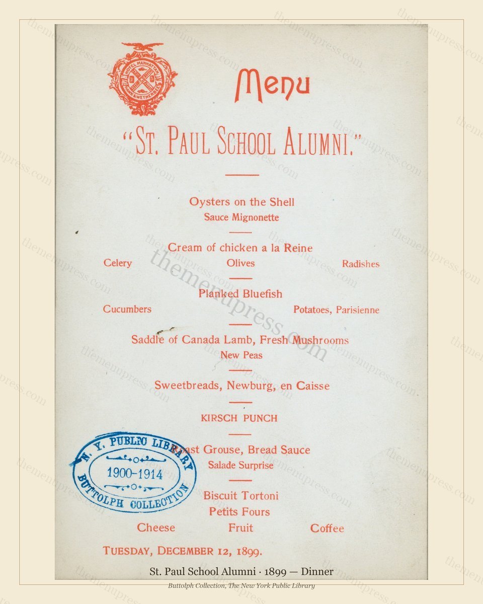 Vintage menu preview — 1899 Vintage Dinner Menu — St. Paul School Alumni, Manhattan Gilded Age Banquet
