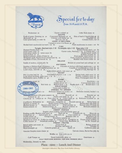 Vintage menu preview — 1900 Vintage Dinner Menu — Plaza, Manhattan Gilded Age Banquet (Complete 2-Page