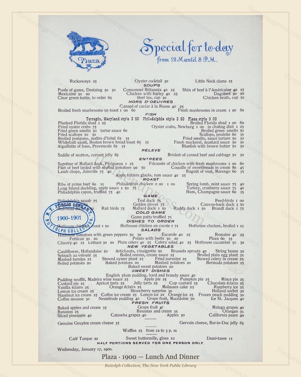 Vintage menu preview — 1900 Vintage Dinner Menu — Plaza, Manhattan Gilded Age Banquet (Complete 2-Page