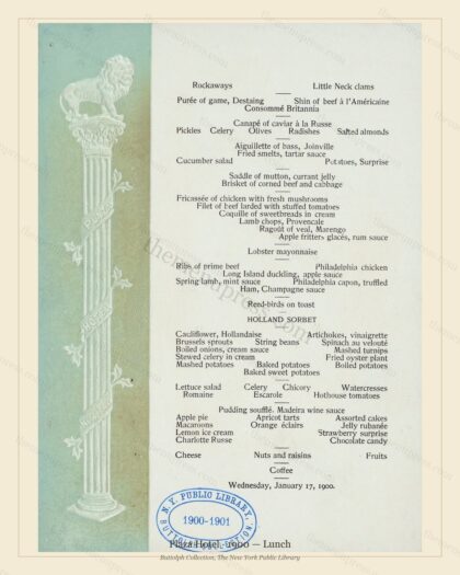 Vintage menu preview — 1900 Vintage Lunch Menu — Plaza Hotel, Manhattan Gilded Age Banquet (Complete 2-