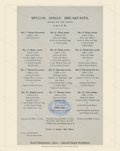 Vintage menu preview — 1900 Vintage Breakfast Menu — Hotel Manhattan, Manhattan Gilded Age Banquet