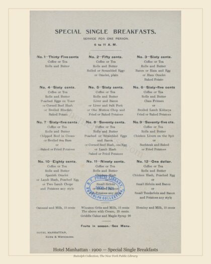 Hotel Manhattan · 1900 — Special Single Breakfasts