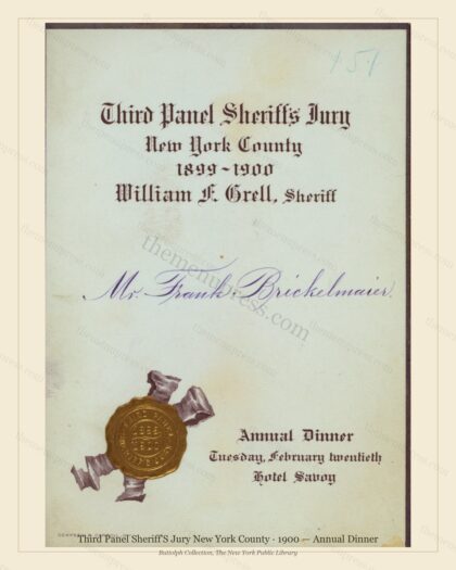 Vintage menu preview — 1900 Vintage Dinner Menu — Third Panel Sheriff'S Jury New York Coun, Manhattan G