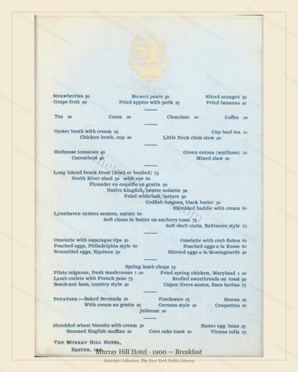 Vintage menu preview — 1900 Vintage Breakfast Menu — Murray Hill Hotel, Manhattan Gilded Age Banquet (C