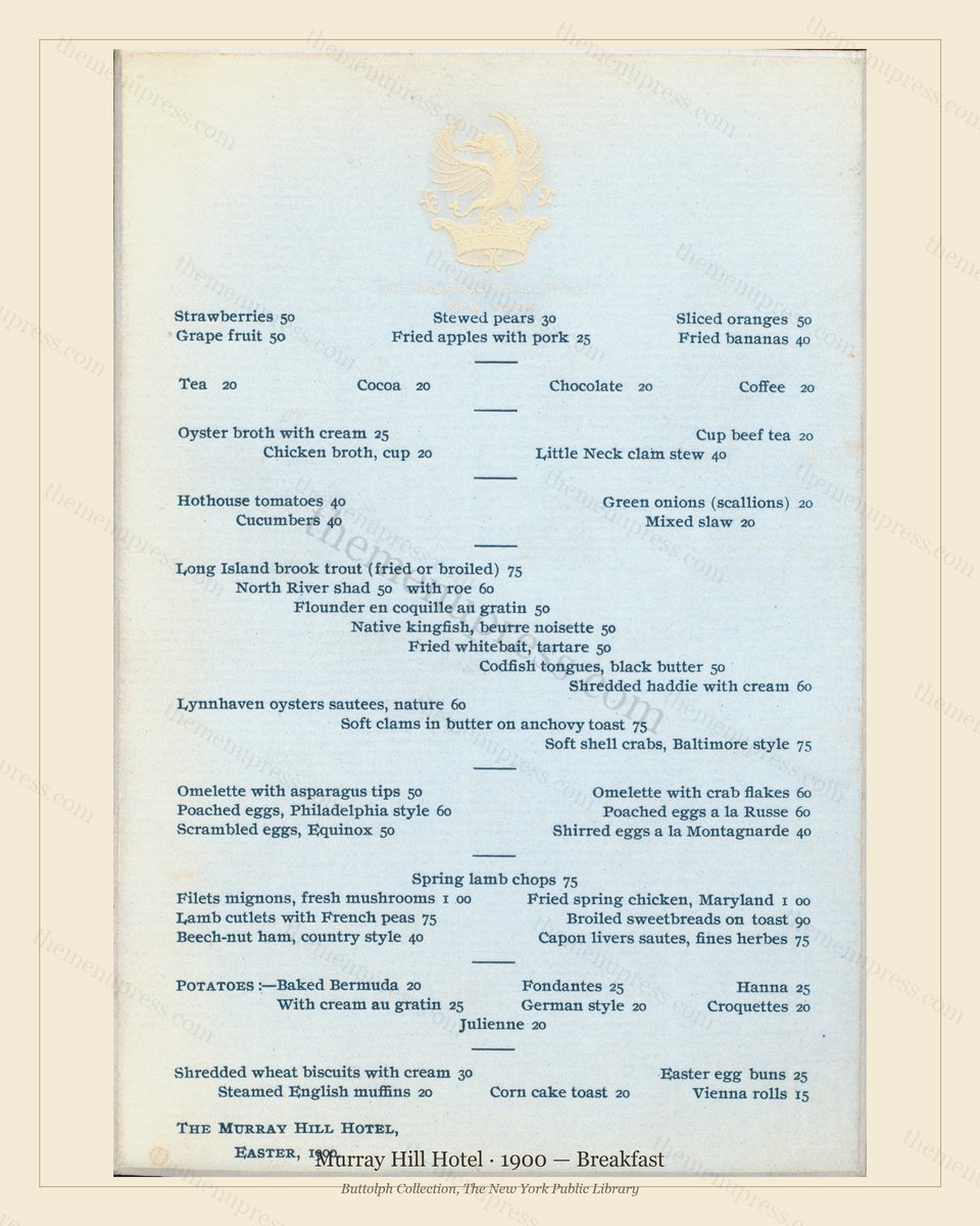 Vintage menu preview — 1900 Vintage Breakfast Menu — Murray Hill Hotel, Manhattan Gilded Age Banquet (C