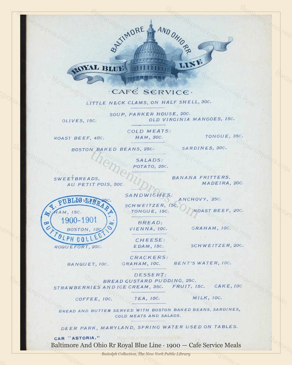 Vintage menu preview — 1900 Vintage Banquet Menu — Baltimore and Ohio Rr Royal Blue Line, Manhattan Gil