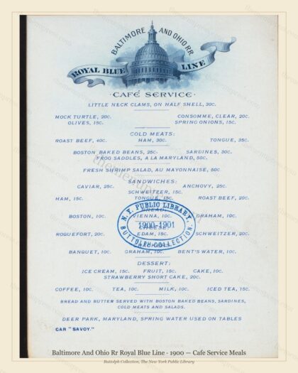 Vintage menu preview — 1900 Vintage Banquet Menu — Baltimore and Ohio Rr Royal Blue Line, Manhattan Gil