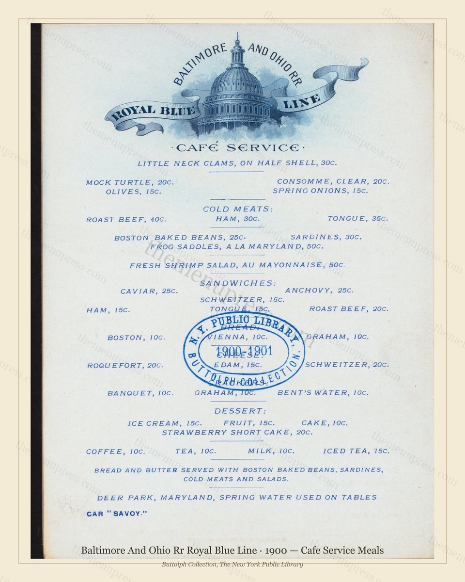 Vintage menu preview — 1900 Vintage Banquet Menu — Baltimore and Ohio Rr Royal Blue Line, Manhattan Gil