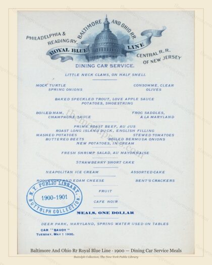 Vintage menu preview — 1900 Vintage Banquet Menu — Baltimore and Ohio Rr Royal Blue Line, Manhattan Gil