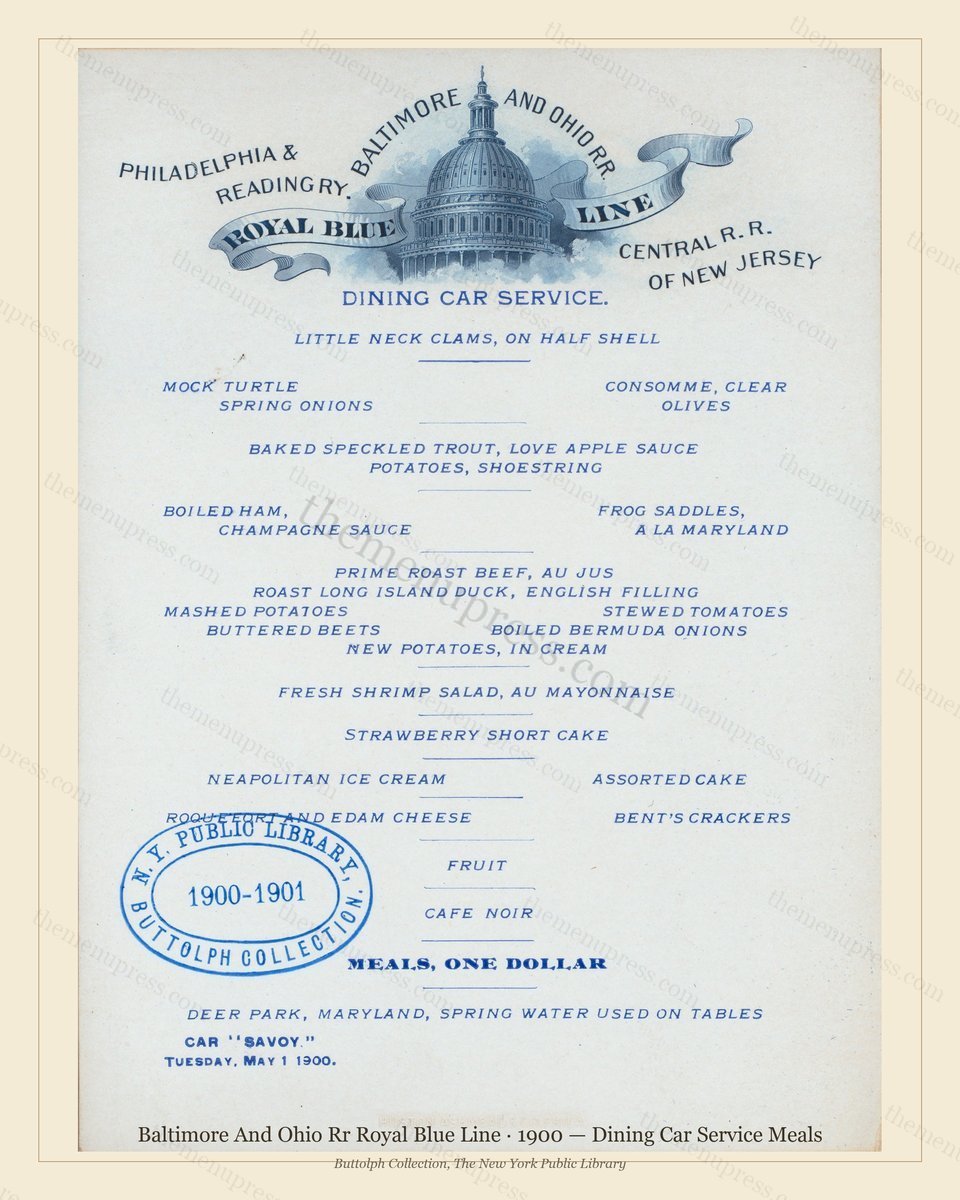 Vintage menu preview — 1900 Vintage Banquet Menu — Baltimore and Ohio Rr Royal Blue Line, Manhattan Gil