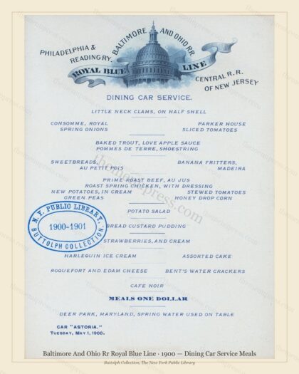Vintage menu preview — 1900 Vintage Banquet Menu — Baltimore and Ohio Rr Royal Blue Line, Manhattan Gil