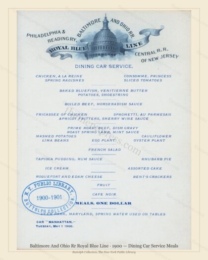 Vintage menu preview — 1900 Vintage Banquet Menu — Baltimore and Ohio Rr Royal Blue Line, Manhattan Gil