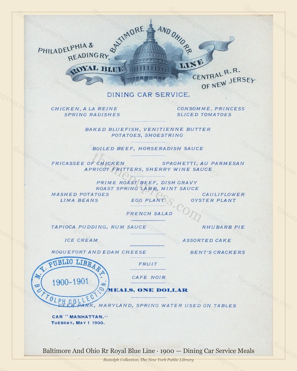 Vintage menu preview — 1900 Vintage Banquet Menu — Baltimore and Ohio Rr Royal Blue Line, Manhattan Gil