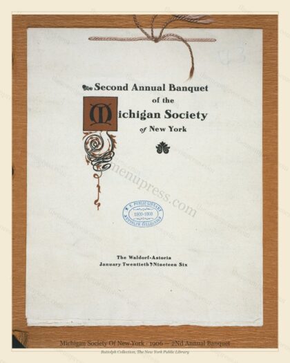 Vintage menu preview — 1906 Vintage Banquet Menu — Michigan Society of New York, Manhattan Gilded Age B