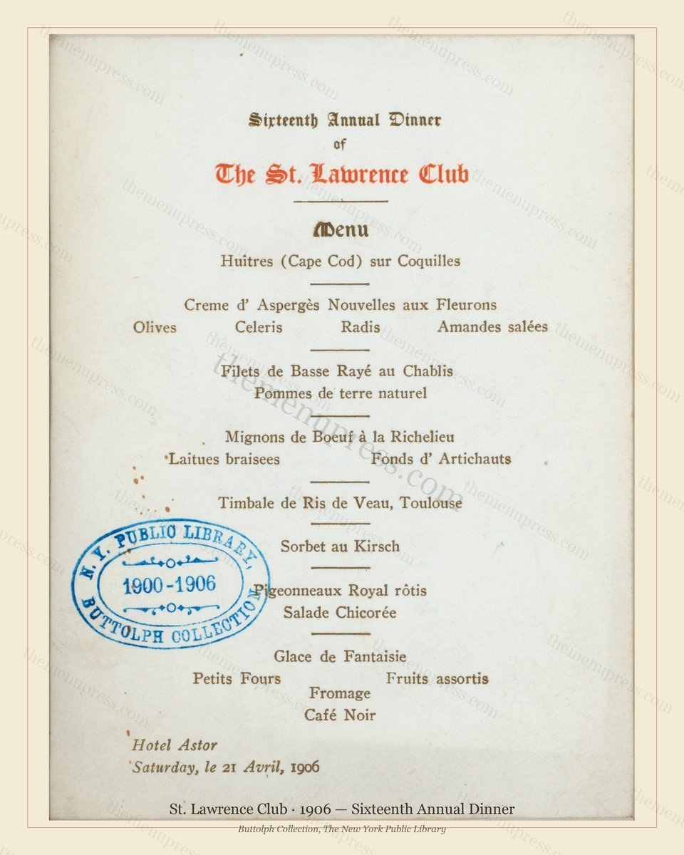 Vintage menu preview — 1906 Vintage Dinner Menu — St. Lawrence Club, Manhattan Gilded Age Banquet (Comp