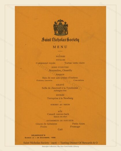 Vintage menu preview — 1906 Vintage Dinner Menu — Saint Nicholas Society, Manhattan Gilded Age Banquet