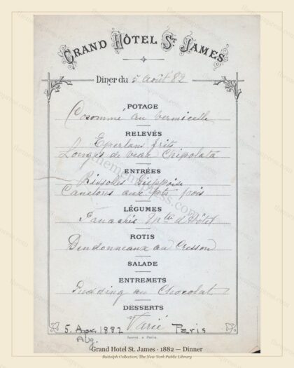 Vintage menu preview — 1882 Vintage Dinner Menu — Grand Hotel St. James, Manhattan Gilded Age Banquet (